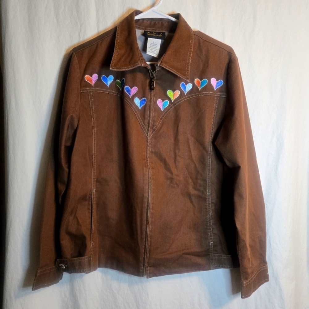 Bob Mackie Wearable Art Denim Jacket with Heart Embroidery Brown